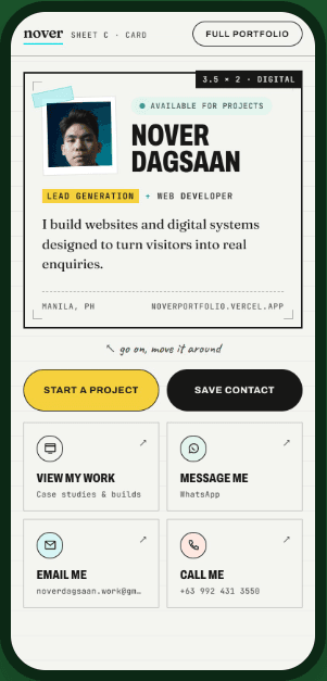 Sample digital calling card on a phone, with Start a project and Save contact buttons