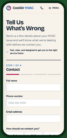 Sample enquiry form on a phone, step one of four, asking for contact details