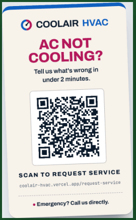 Sample QR service card for an air-conditioning business, reading Scan to request service