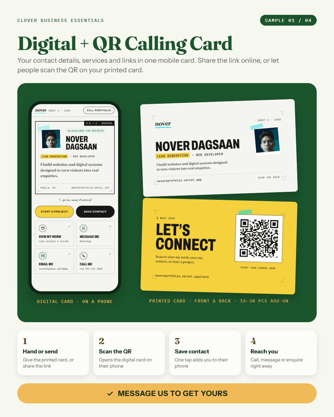 Sample 01: Digital + QR Calling Card. A digital card on a phone beside the printed card front and back, with four steps: hand or send, scan the QR, save contact, reach you.