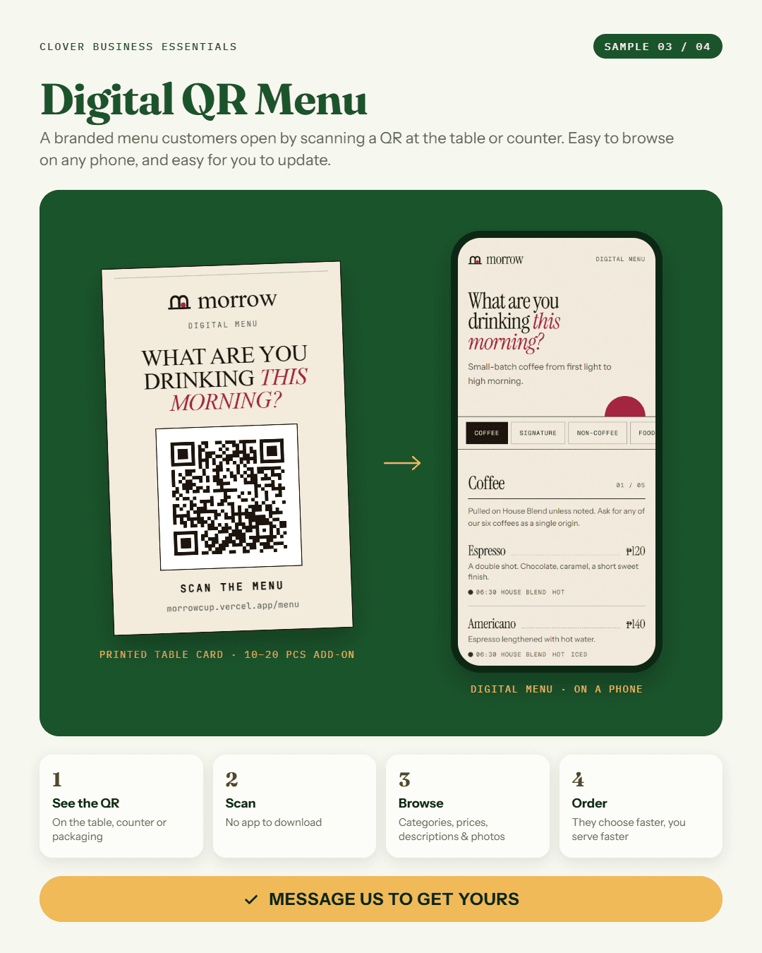 Sample 03: Digital QR Menu. A printed café table card with a QR code, an arrow, and the digital menu open on a phone.